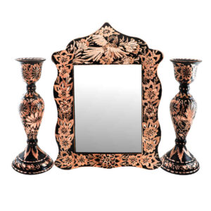 Ensemble miroir et bougeoirs gravés en cuivre persan – Design Sheida