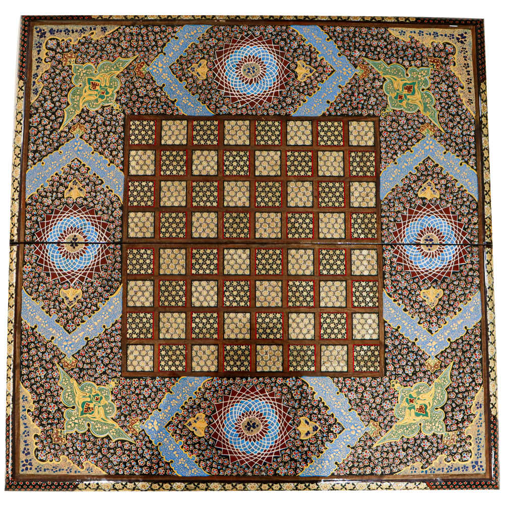 Plateau d'Échecs en Marqueterie Incrustée en Bois Persan Modèle Traditionnel
