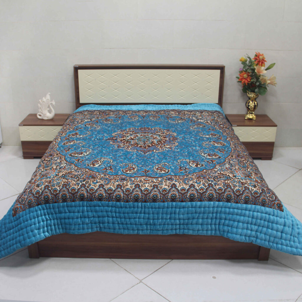Ensemble de couvre-lit persan – Style oriental taille double avec tissu Termeh – Bleu Kaveh