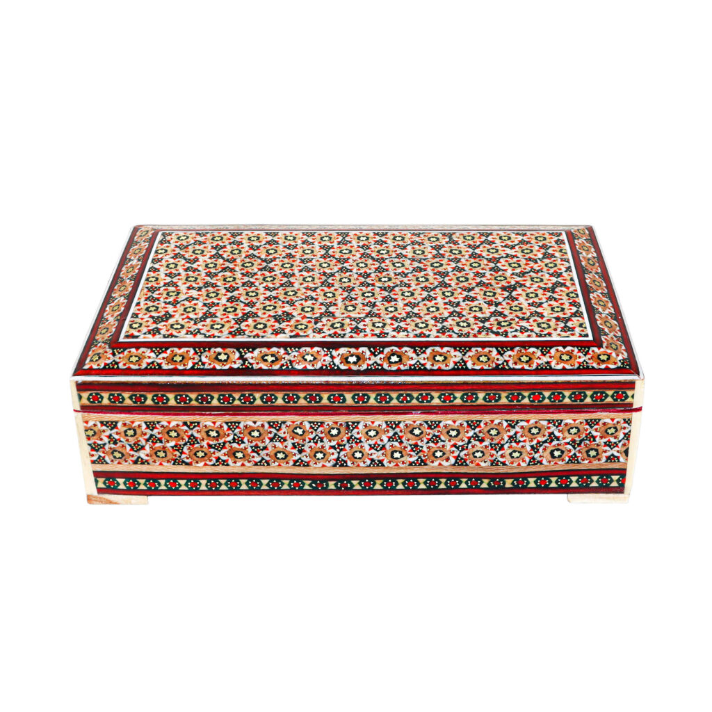Boîte à bijoux en bois artisanale avec design persan Khatam décoratif