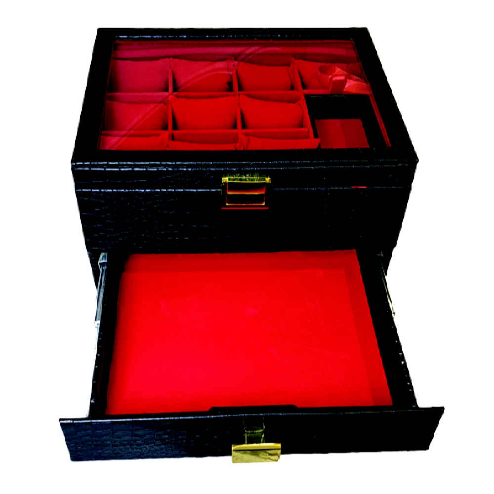 Boîte à montres et bijoux à 2 niveaux avec cuir synthétique et doublure en suède