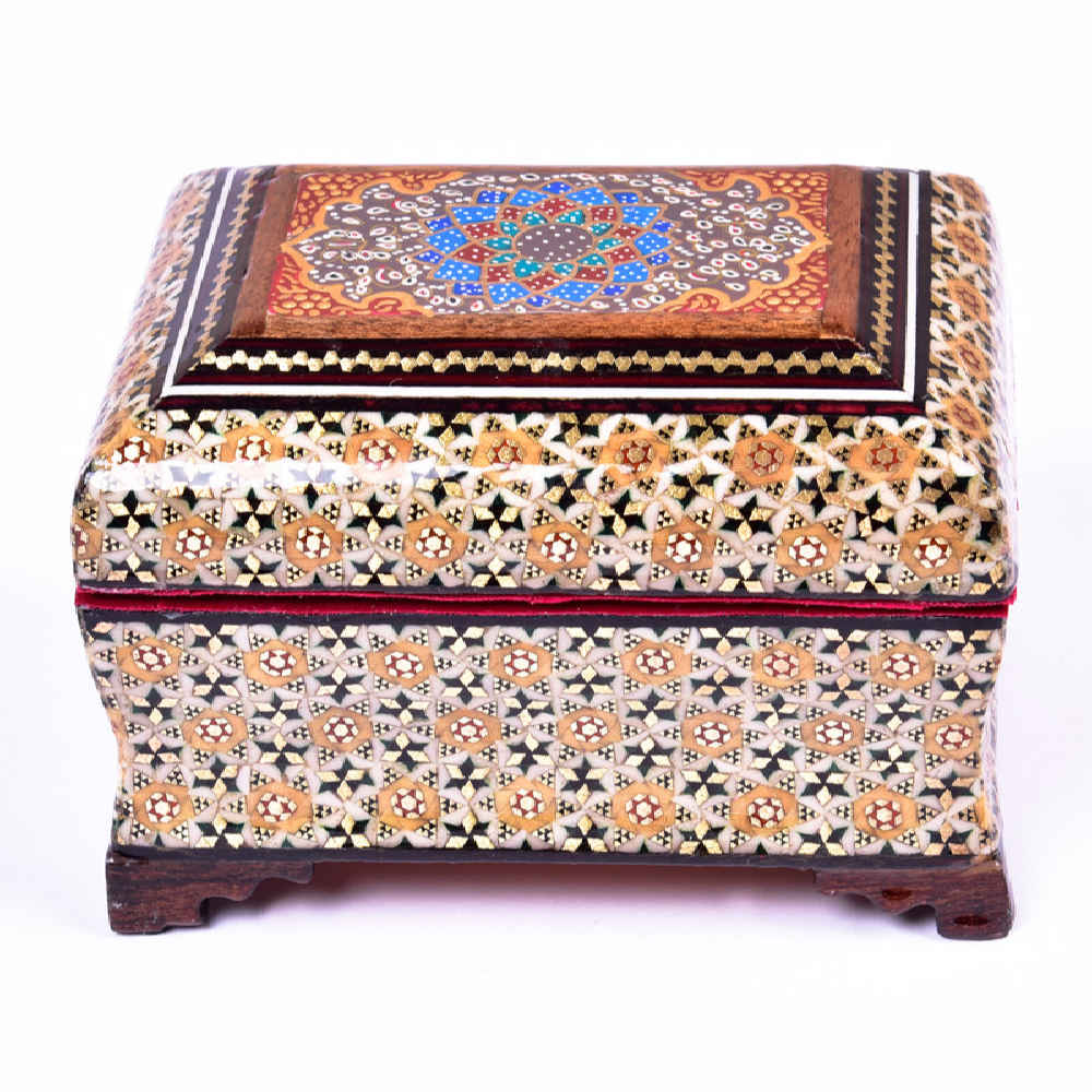 Boîte à bijoux en bois artisanale avec design persan Khatam floral
