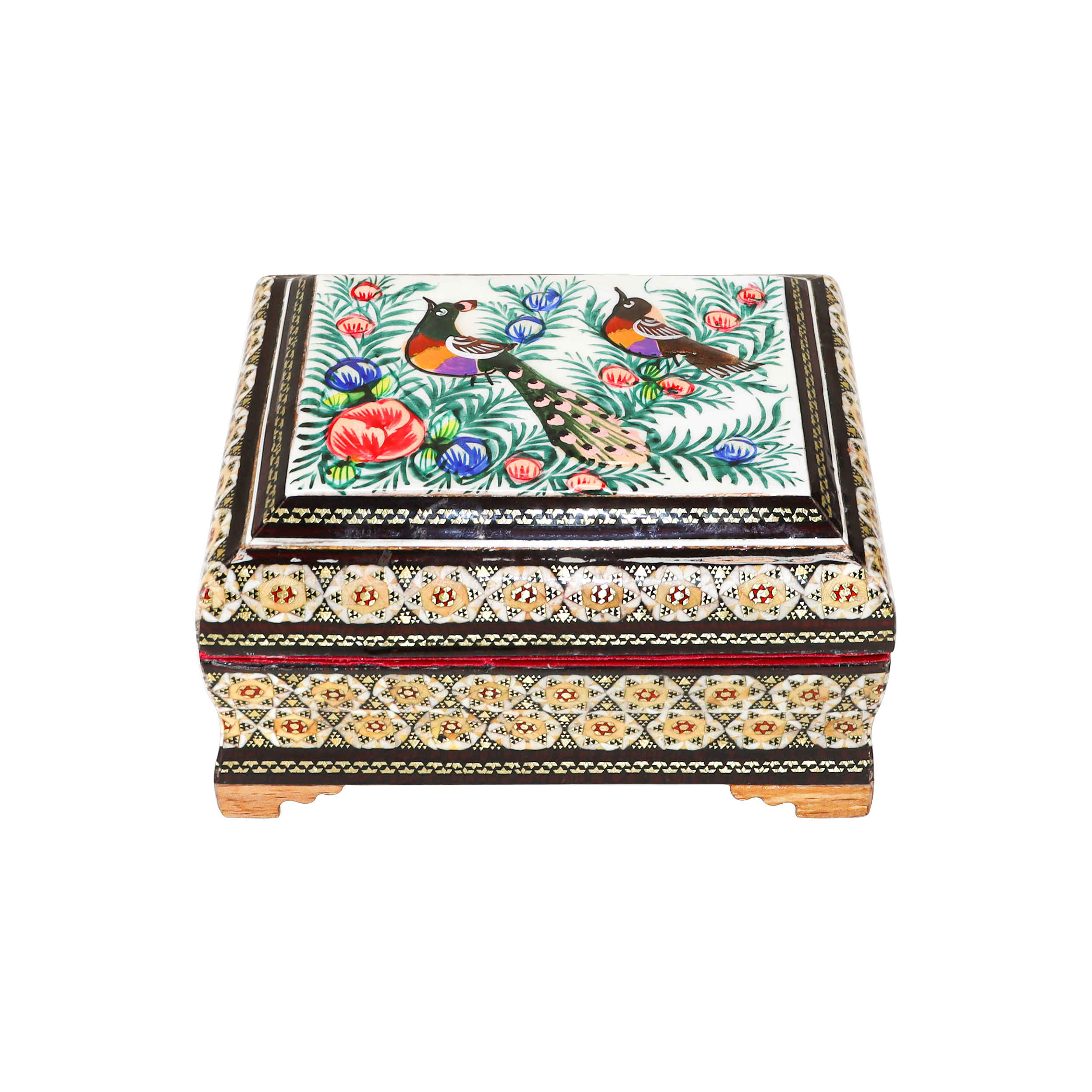 Boîte à bijoux en bois artisanale avec motif d'oiseaux persan Khatam