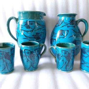 Ensemble Pichet et Tasses en Poterie Persane Fait Main Poisson