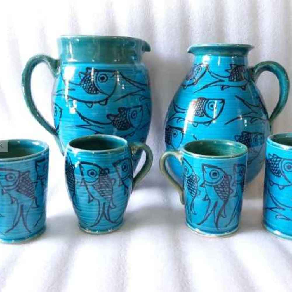 Ensemble Pichet et Tasses en Poterie Persane Fait Main Poisson