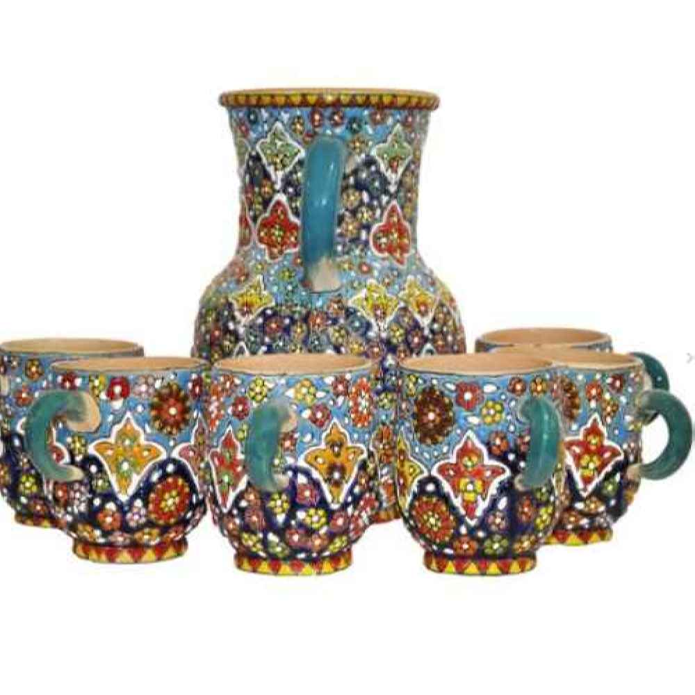 Ensemble Pichet et Tasses en Poterie Persane Fait Main - Émaillé Minakari Roya