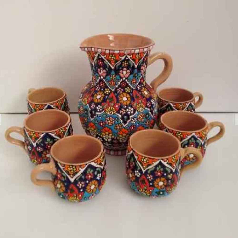 Ensemble Pichet et Tasses en Poterie Persane Fait Main - Minakari Émaillé Artistique Ahora