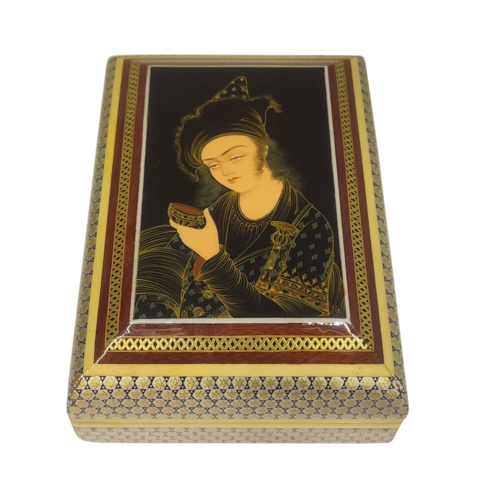 Boîte à bijoux en bois artisanale avec design pictural persan Khatam