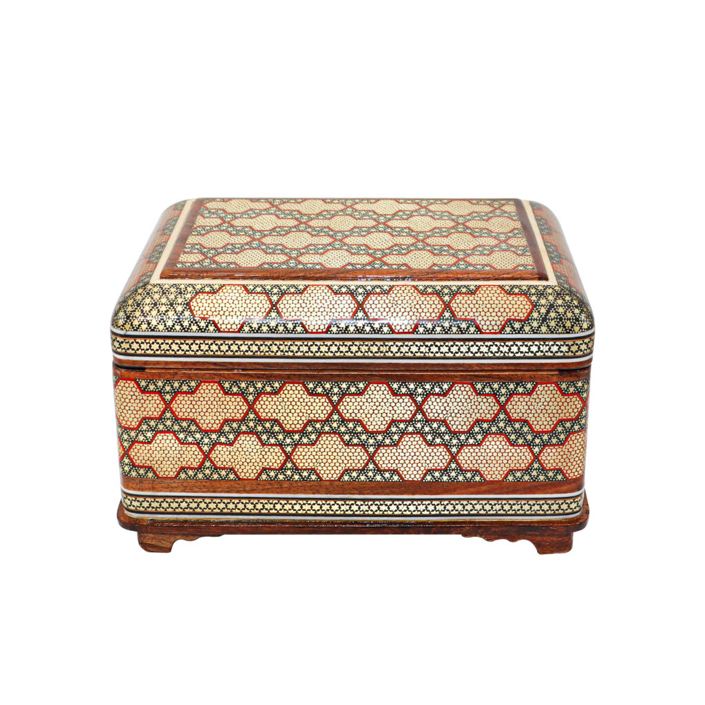 Boîte à bijoux en bois artisanale avec design persan Khatam