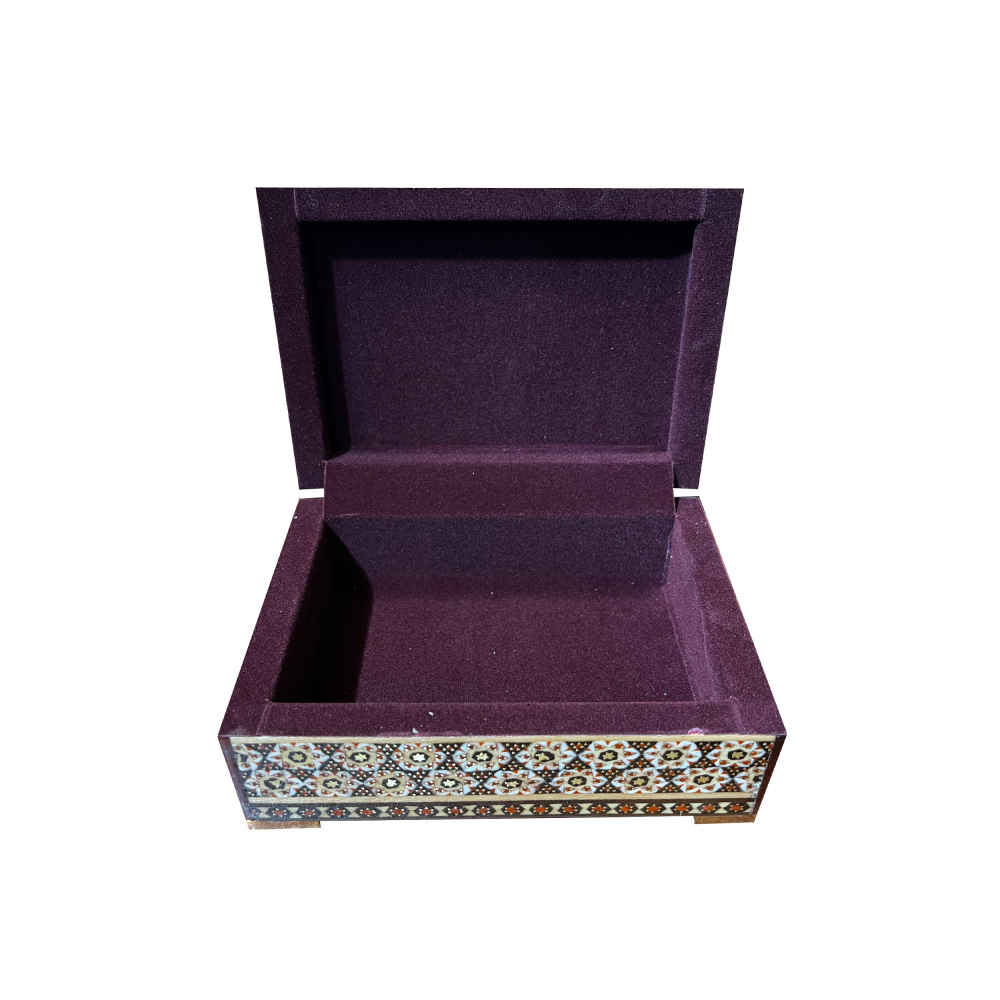 Boîte à bijoux en bois artisanale avec fleurs bleues persan Khatam