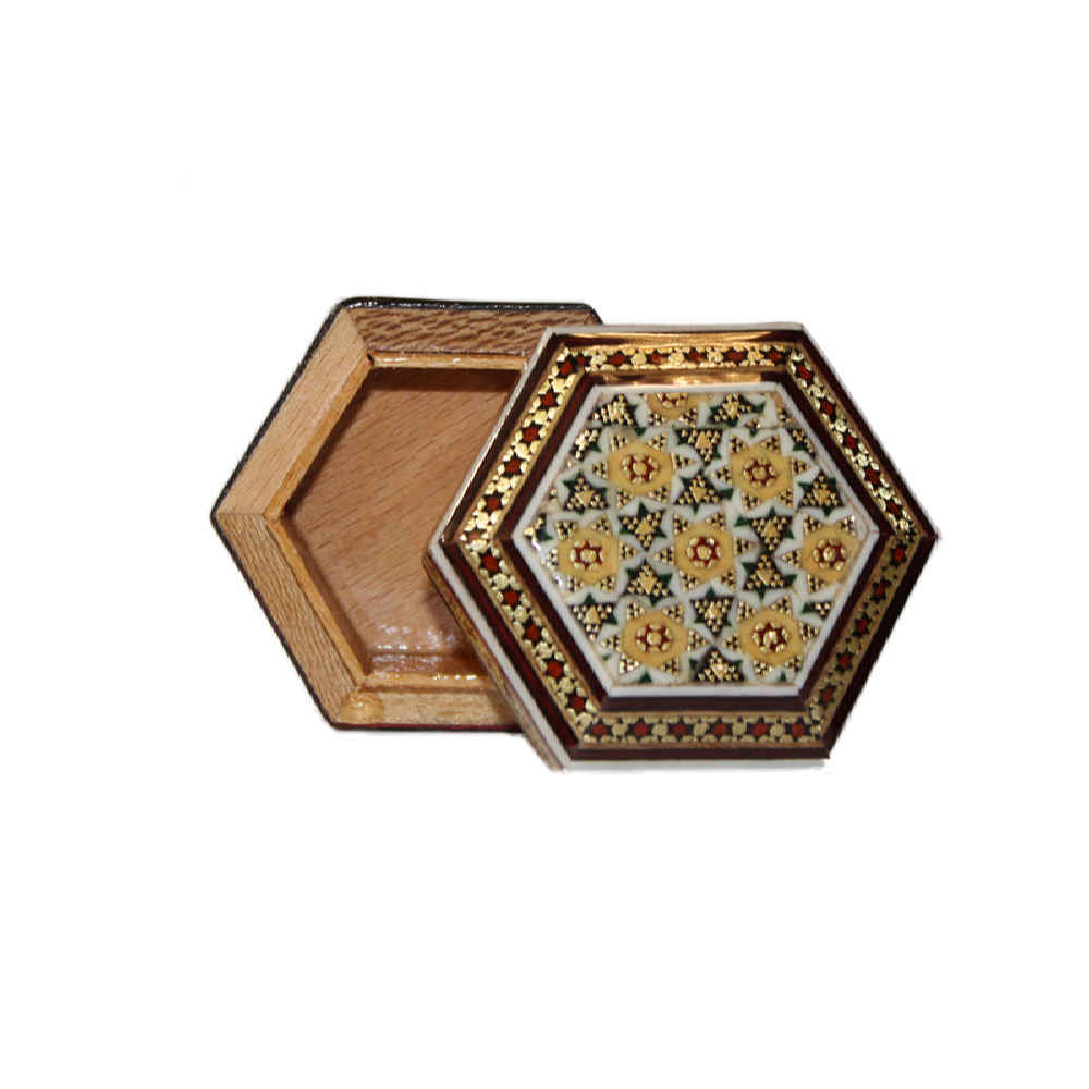 Boîte à bijoux en bois artisanale avec design floral persan Khatam