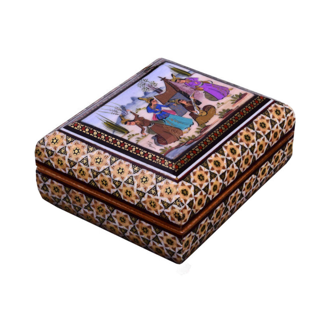 Boîte à bijoux en bois artisanale avec motif de personnes persan Khatam