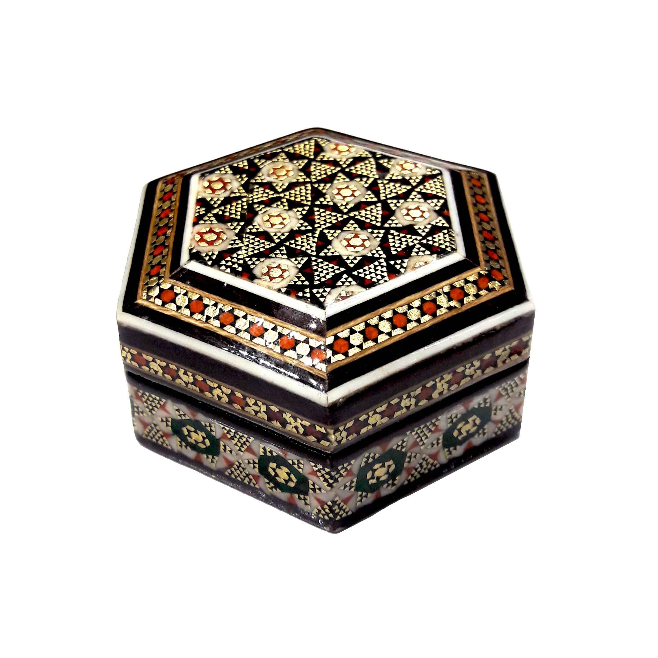 Boîte à bijoux en bois artisanale avec design étoilé persan Khatam