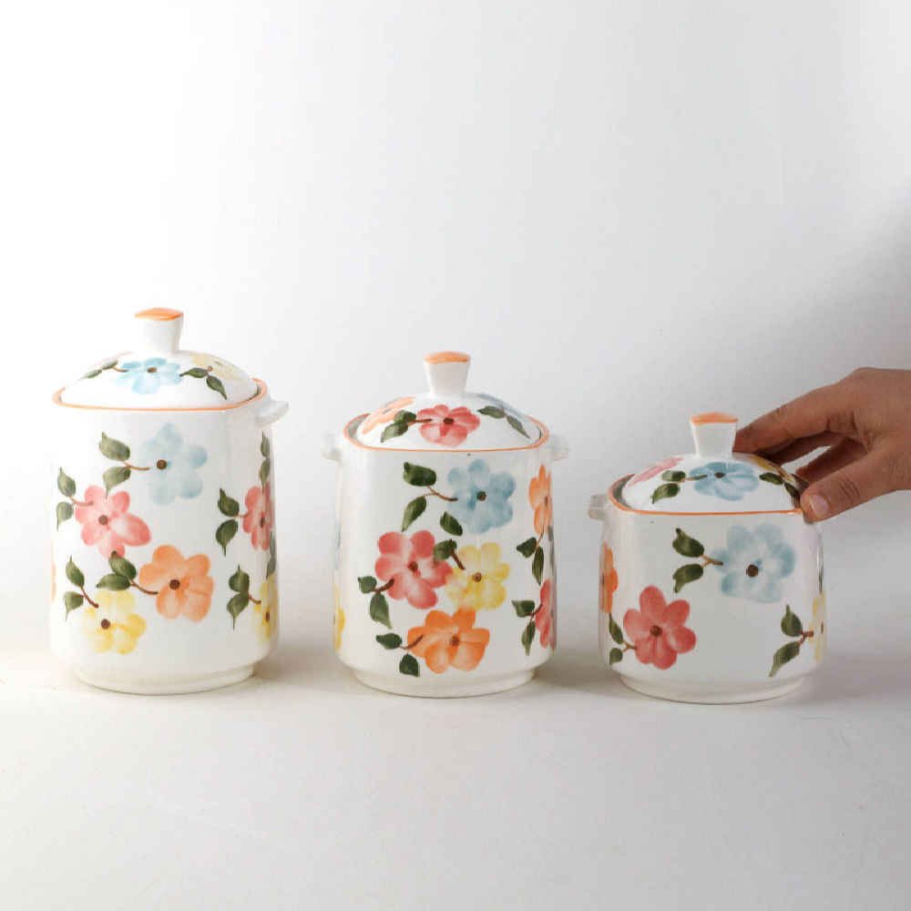 Pot de stockage en céramique – Rangement élégant pour café, thé, et plus, Design Floral (3x)