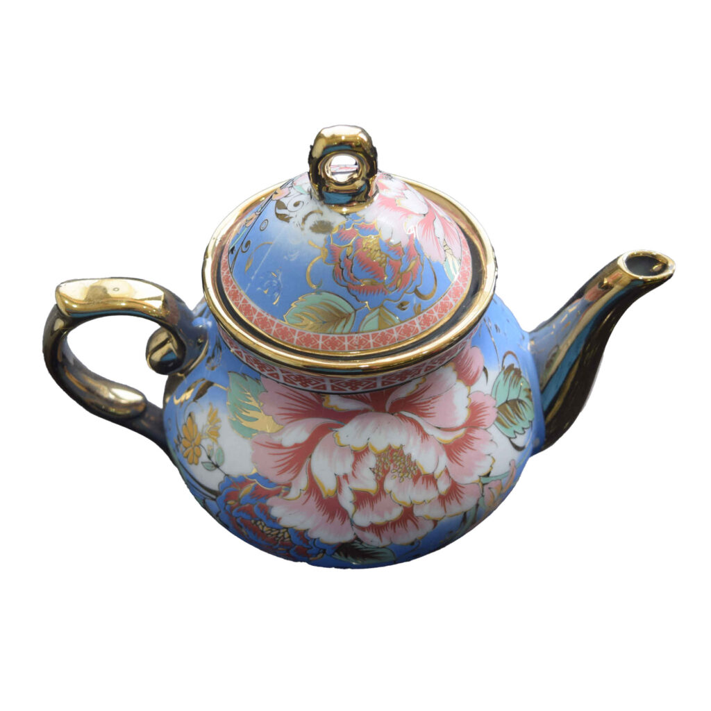 Théière de service en porcelaine rétro avec design de fleurs bleues et dorées