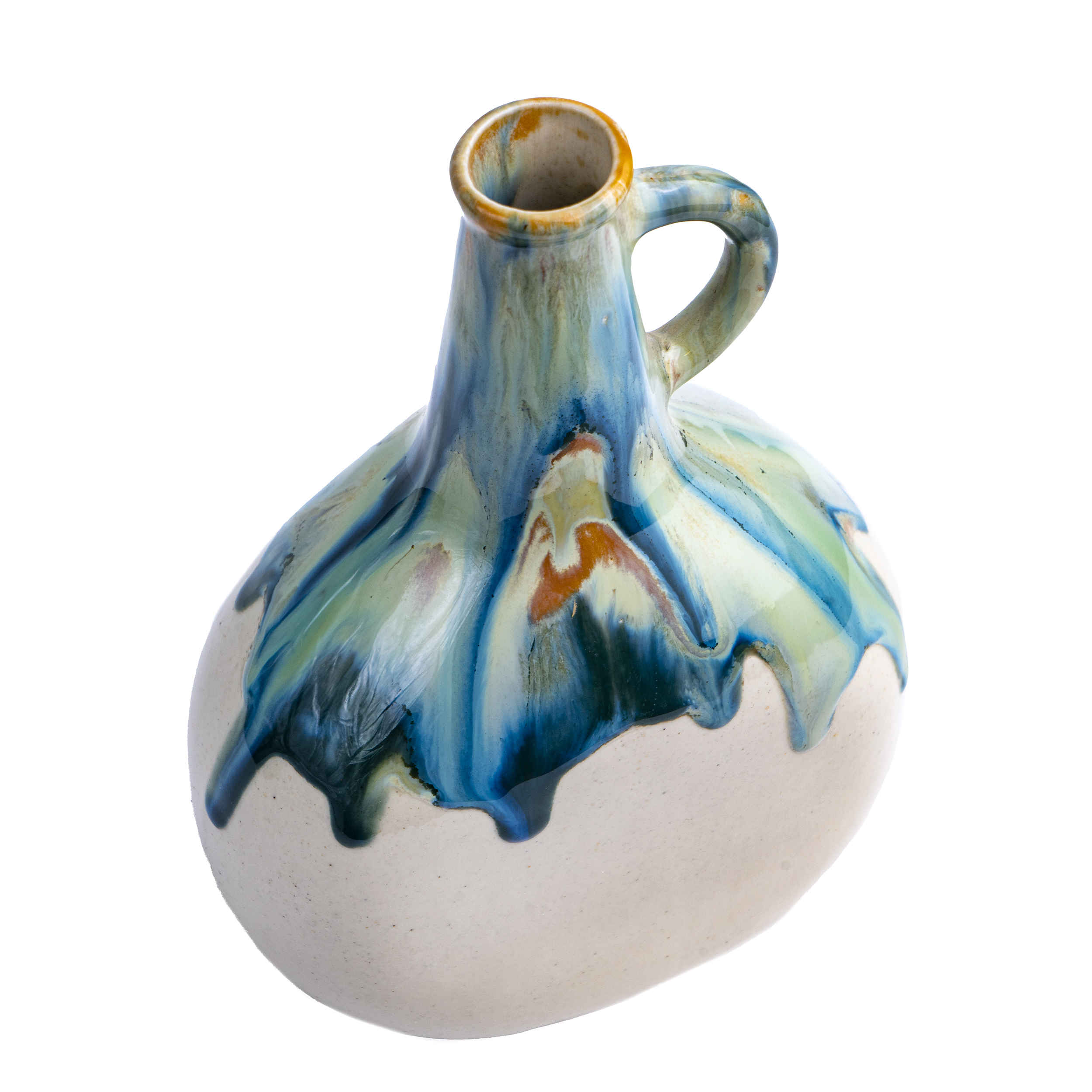 Vase à bourgeons en poterie fait main, design à glaçure dégoulinante avec anse, idéal pour le salon.