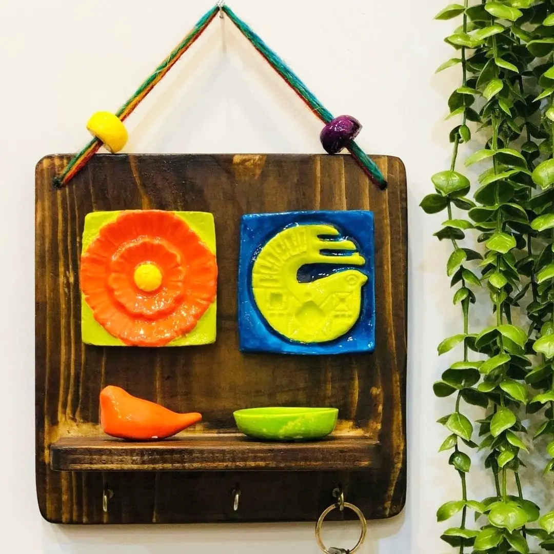 Porte-clés mural décoratif et fait main avec design Oiseau & Soleil