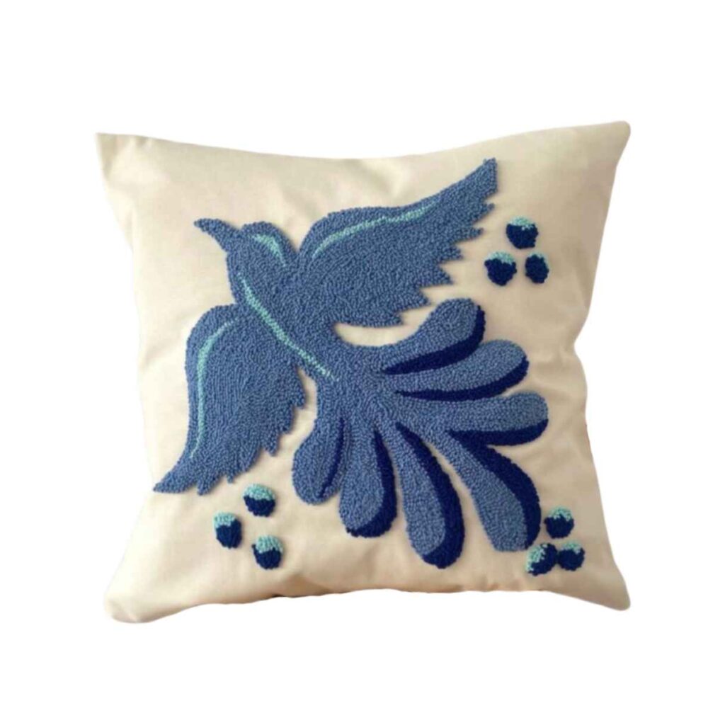 Housse de Coussin Punch Needle - Design Fibres de Coton & Oiseau Brodé