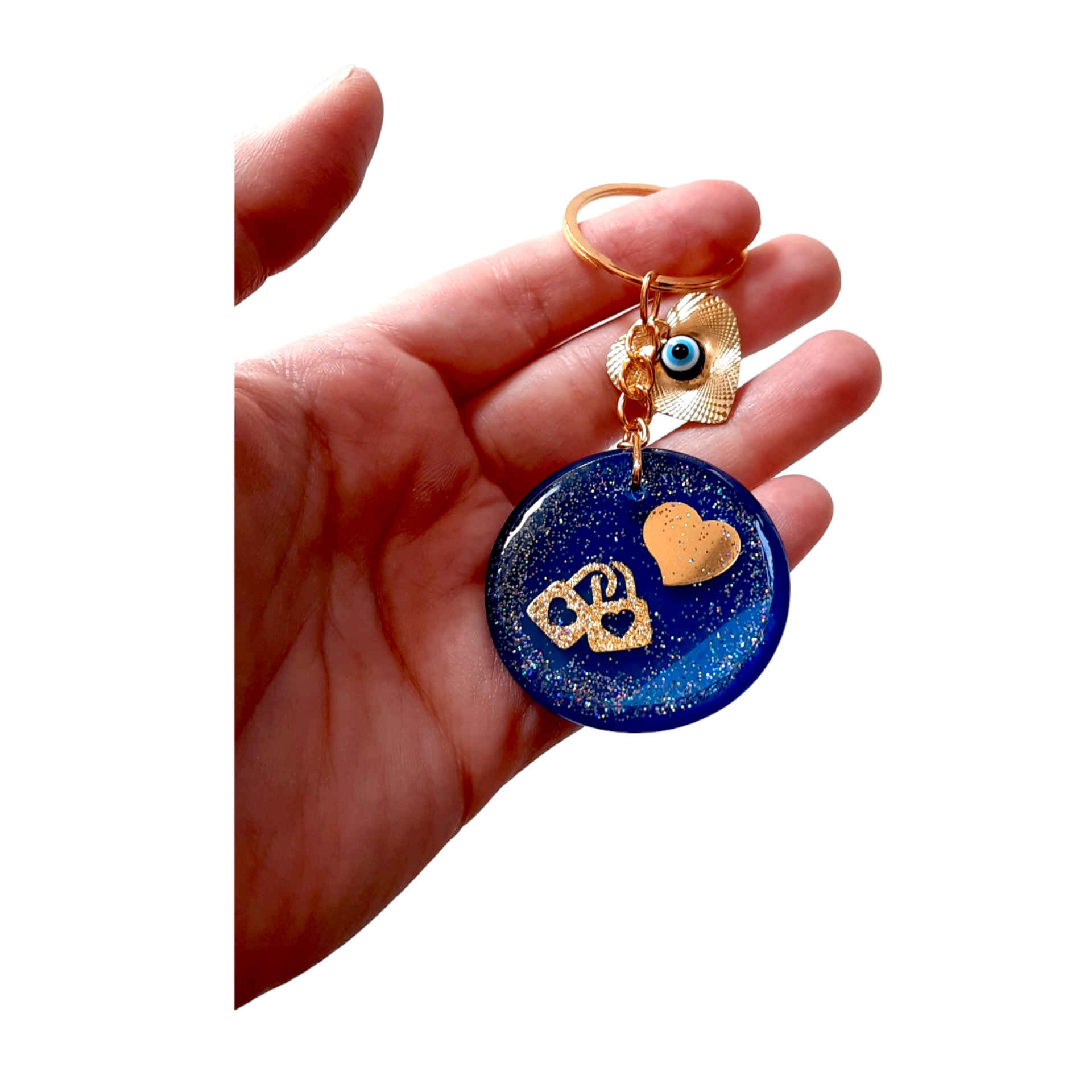 Porte-clés en résine – Design Œil Bleu et Cœur