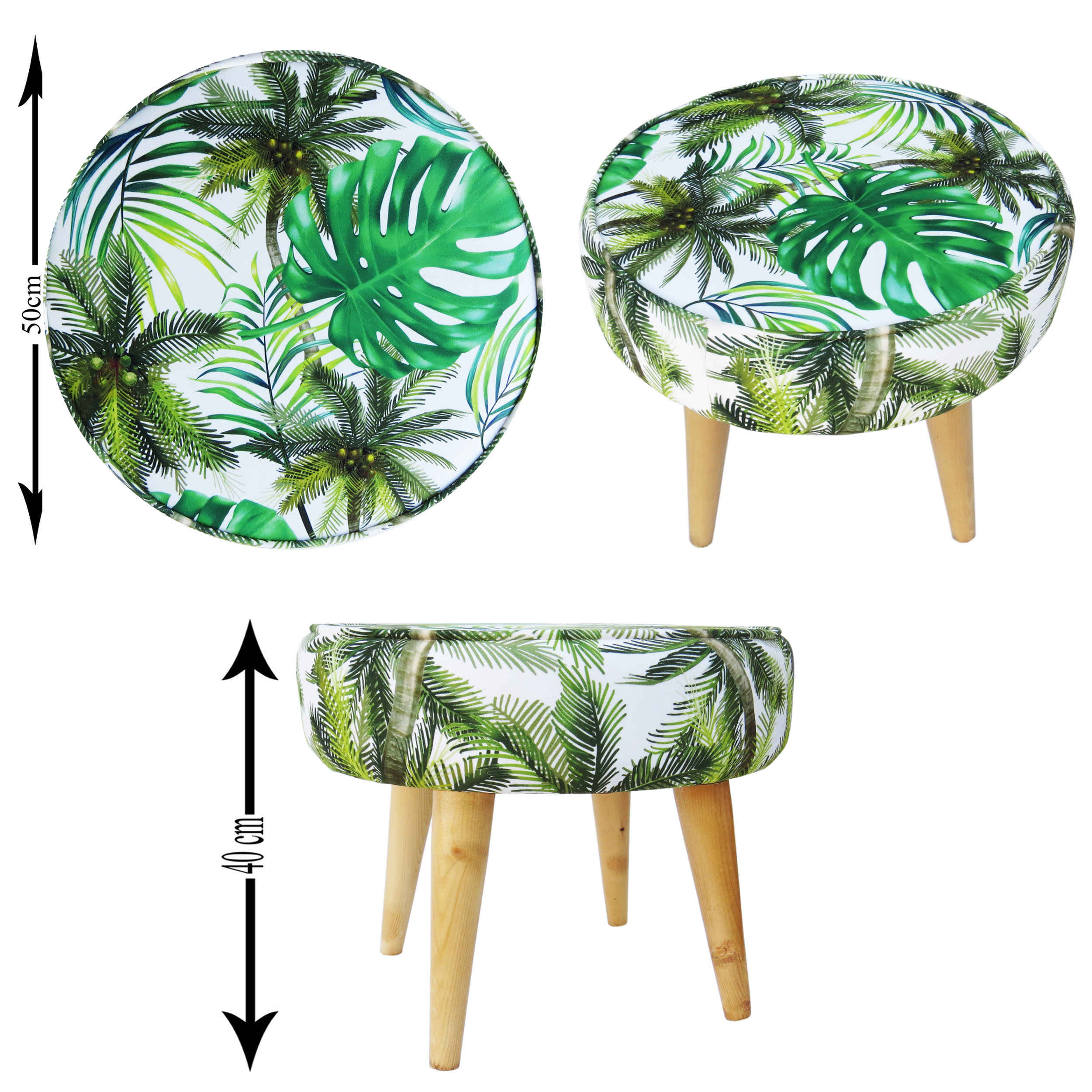 Pouf rond en velours avec pieds en bois modèle Feuille