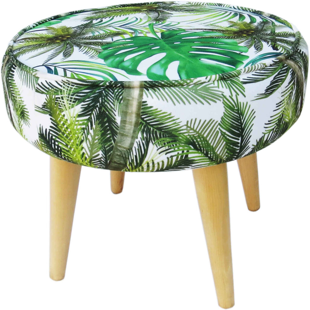 Pouf rond en velours avec pieds en bois modèle Feuille