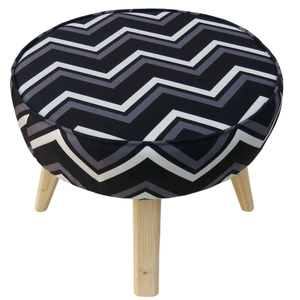 Pouf rond en velours avec pieds en bois modèle Zigzag