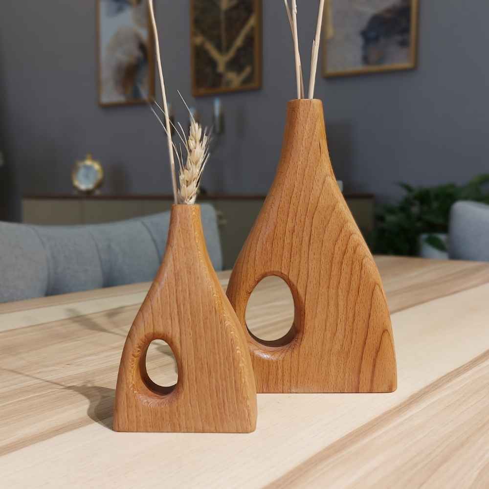 Vases à bourgeons décoratifs en bois faits main, en bois massif naturel – Lot de 2.