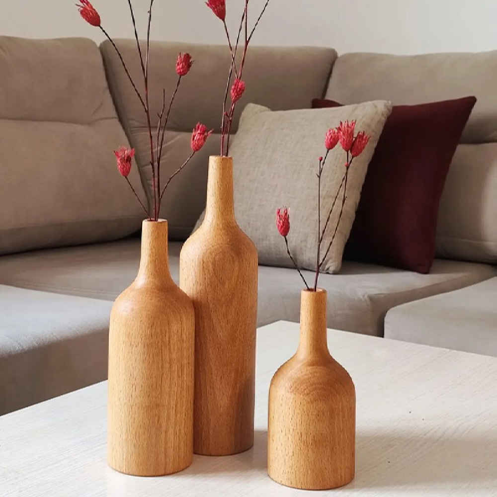 Vases à bourgeons décoratifs en bois faits main, en bois massif naturel – Lot de 3.
