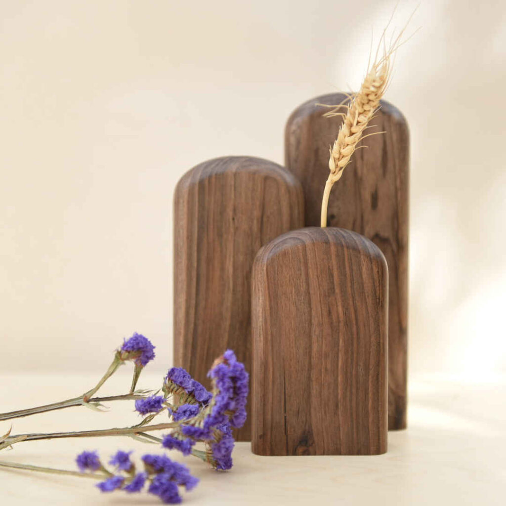 Vases décoratifs à tige unique en bois faits main – Cadeau esthétique, Lot de 3.