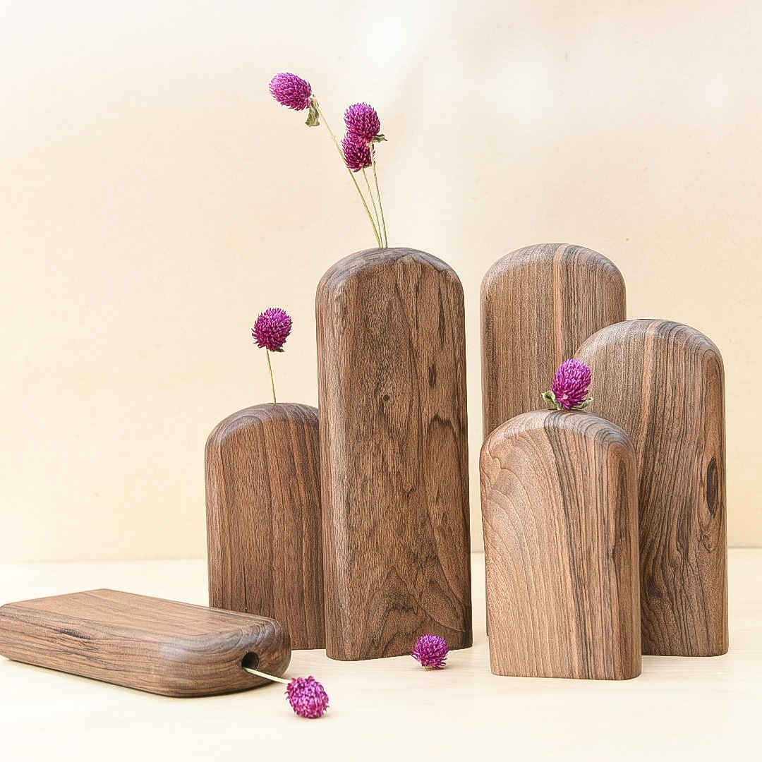 Vases décoratifs à tige unique en bois faits main – Cadeau esthétique, Lot de 3.