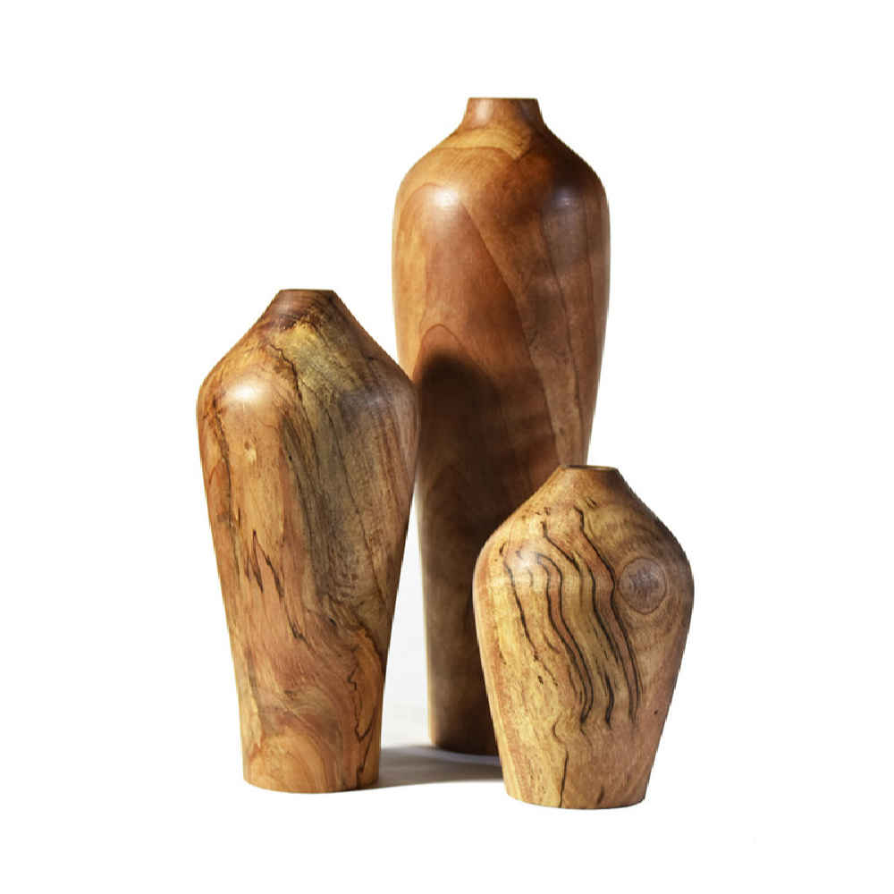 Lot de 3 vases décoratifs en bois faits main, en bois massif naturel, modèle Melanie.
