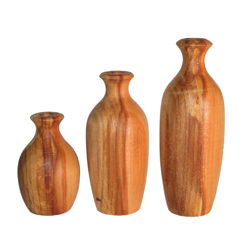 Lot de 3 vases décoratifs en bois faits main, en bois massif naturel, modèle Roya.