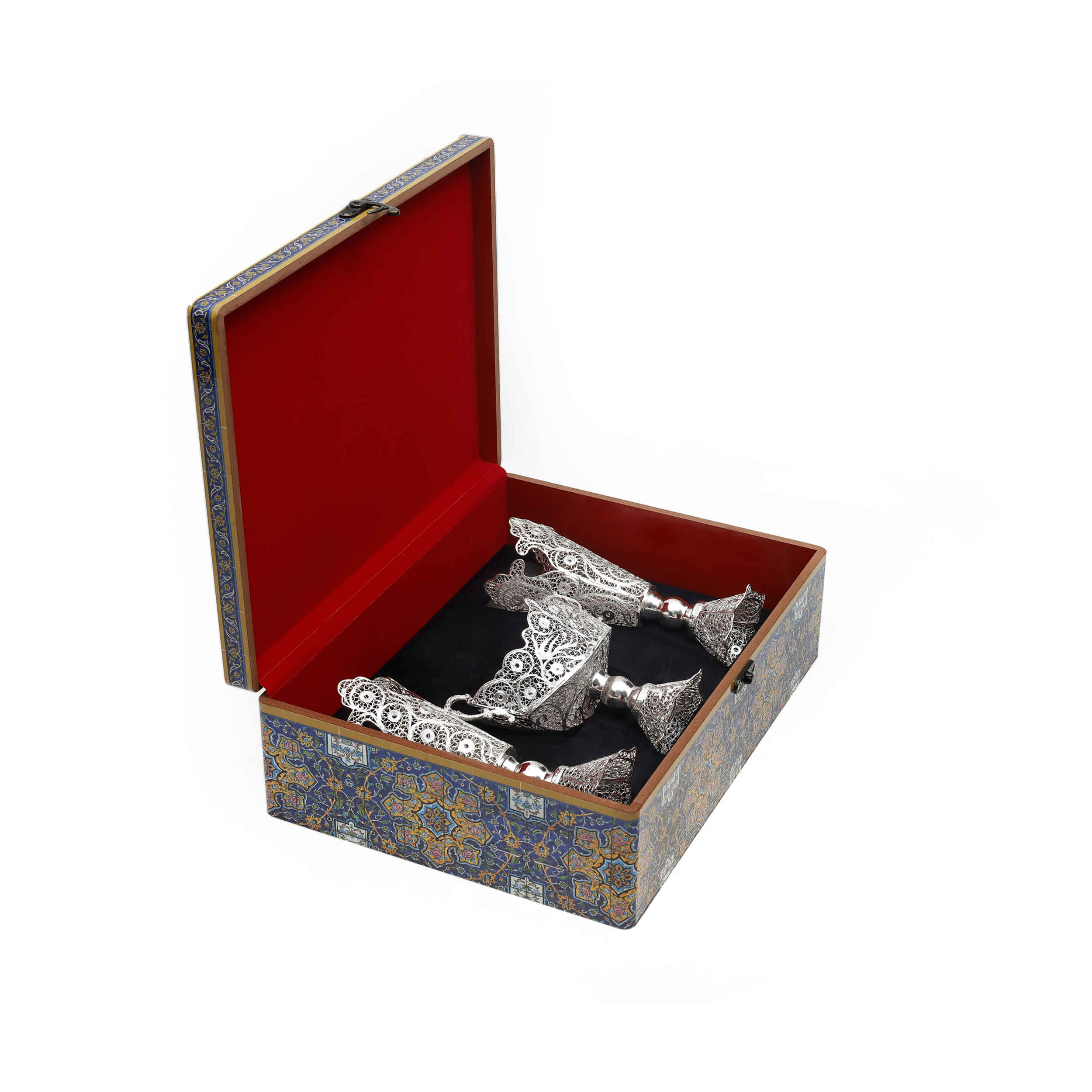 Set de 3 vases décoratifs en filigrane persan recouvert d’argent et bol Fakher