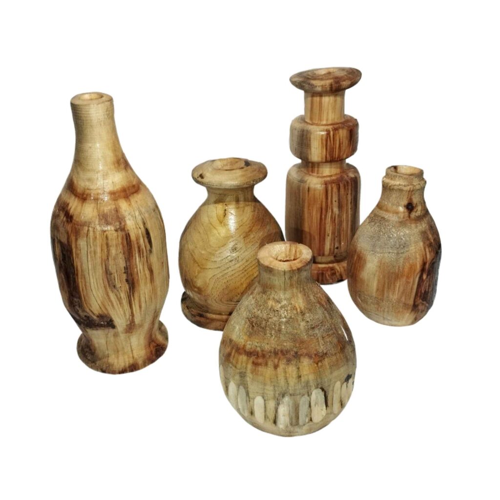 Vases à bourgeons décoratifs en bois faits main, en bois massif naturel – Lot de 5.