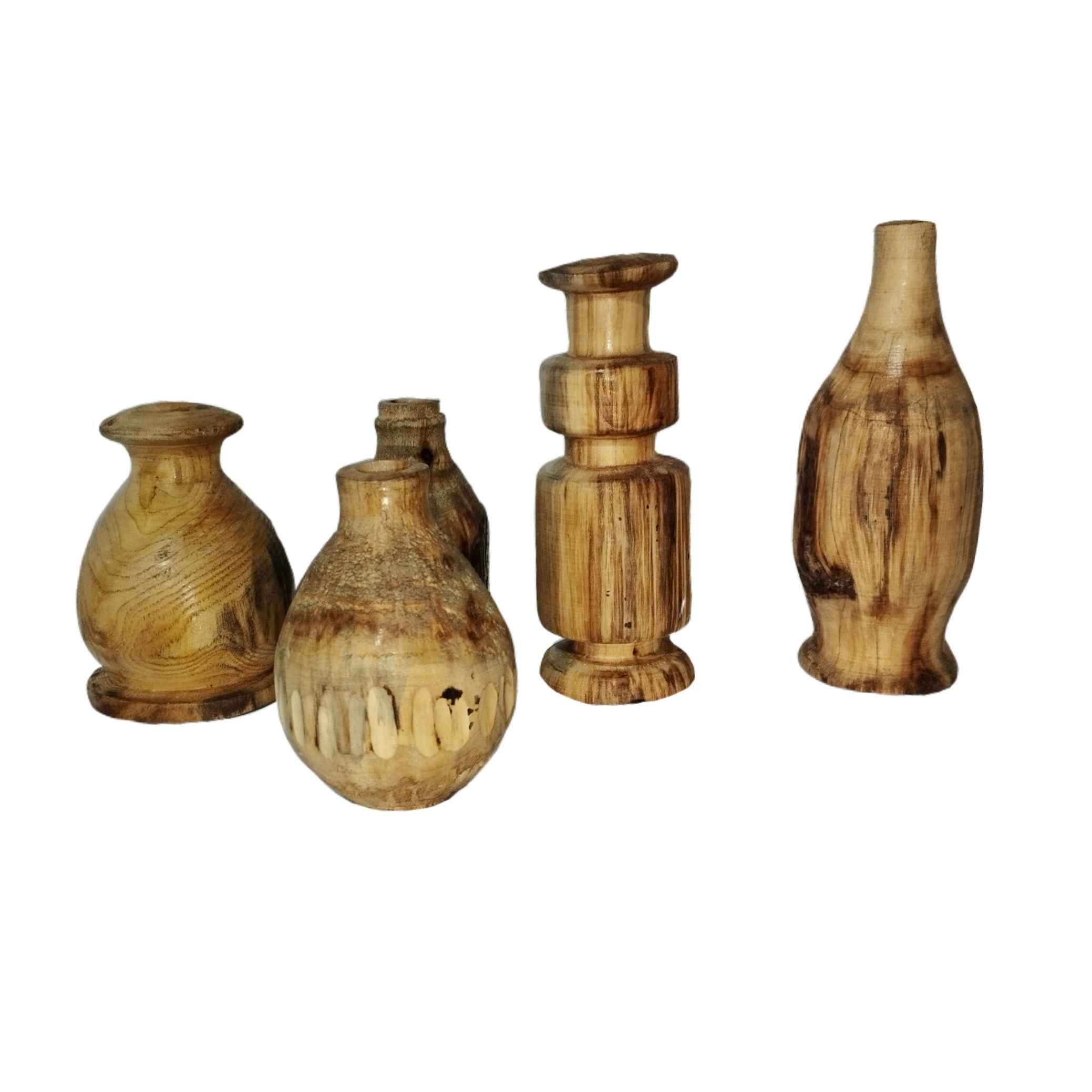 Vases à bourgeons décoratifs en bois faits main, en bois massif naturel – Lot de 5.