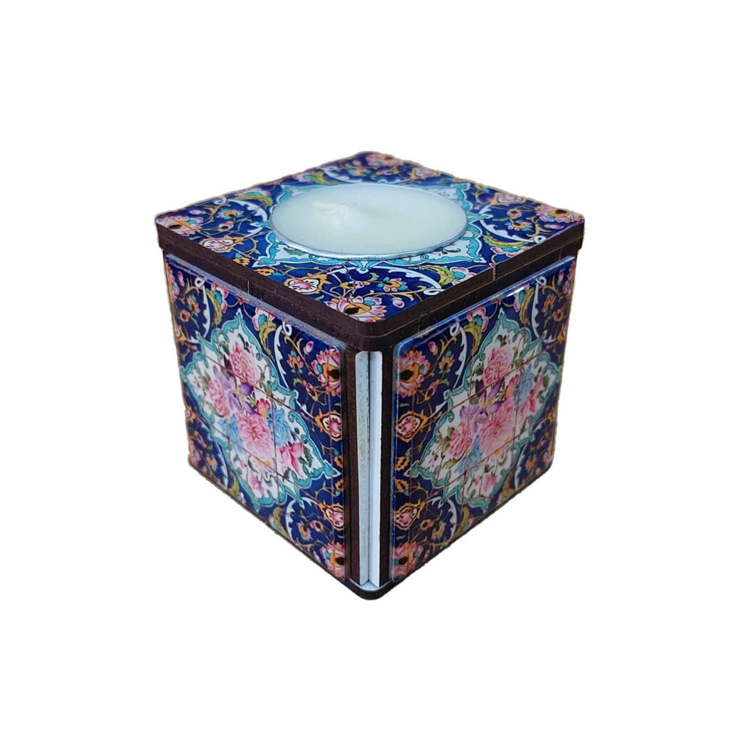 Porte-bougie en bois persan cube Tile Liana