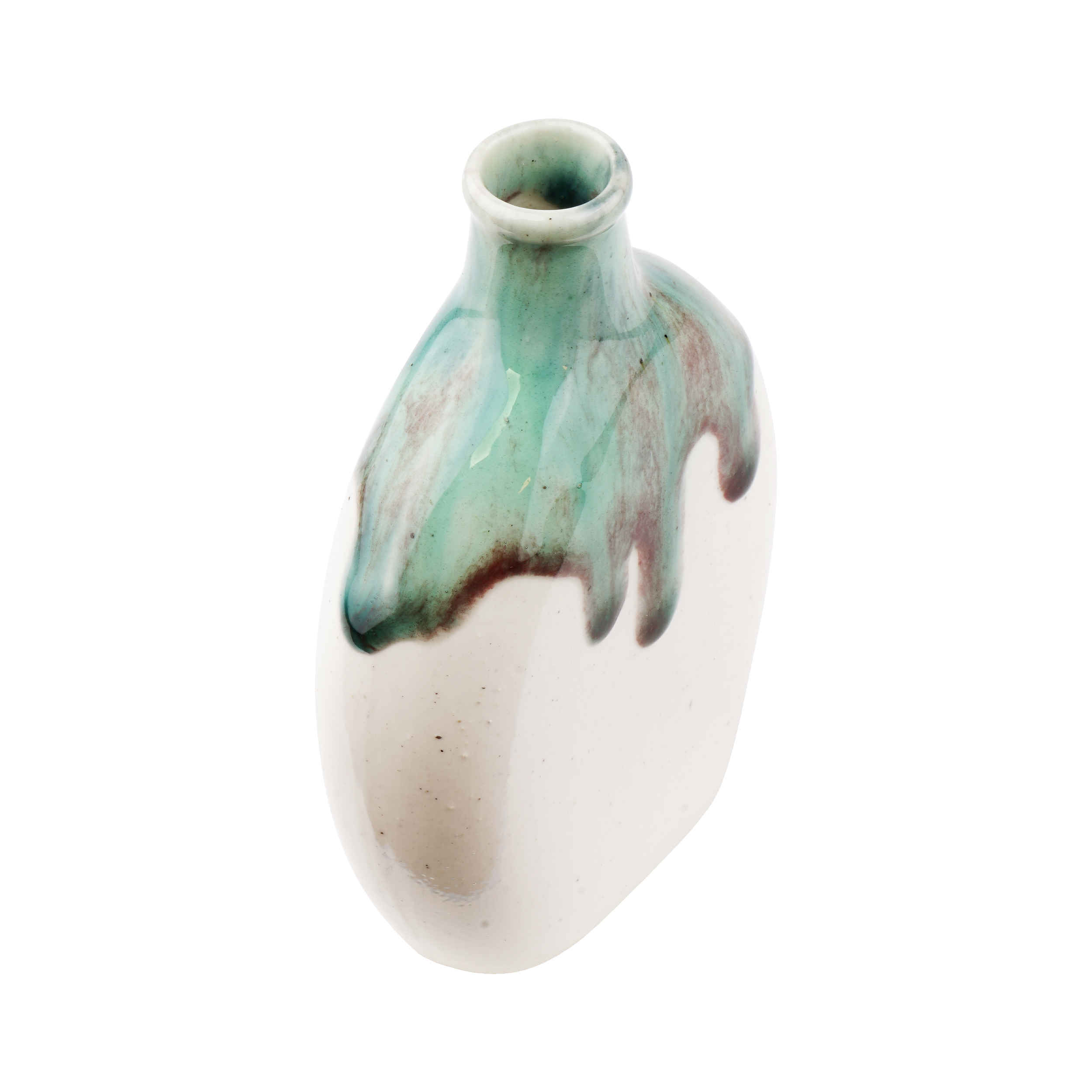 Vase à tige unique en poterie fait main, décoratif, design à glaçure dégoulinante, couleur bleue.