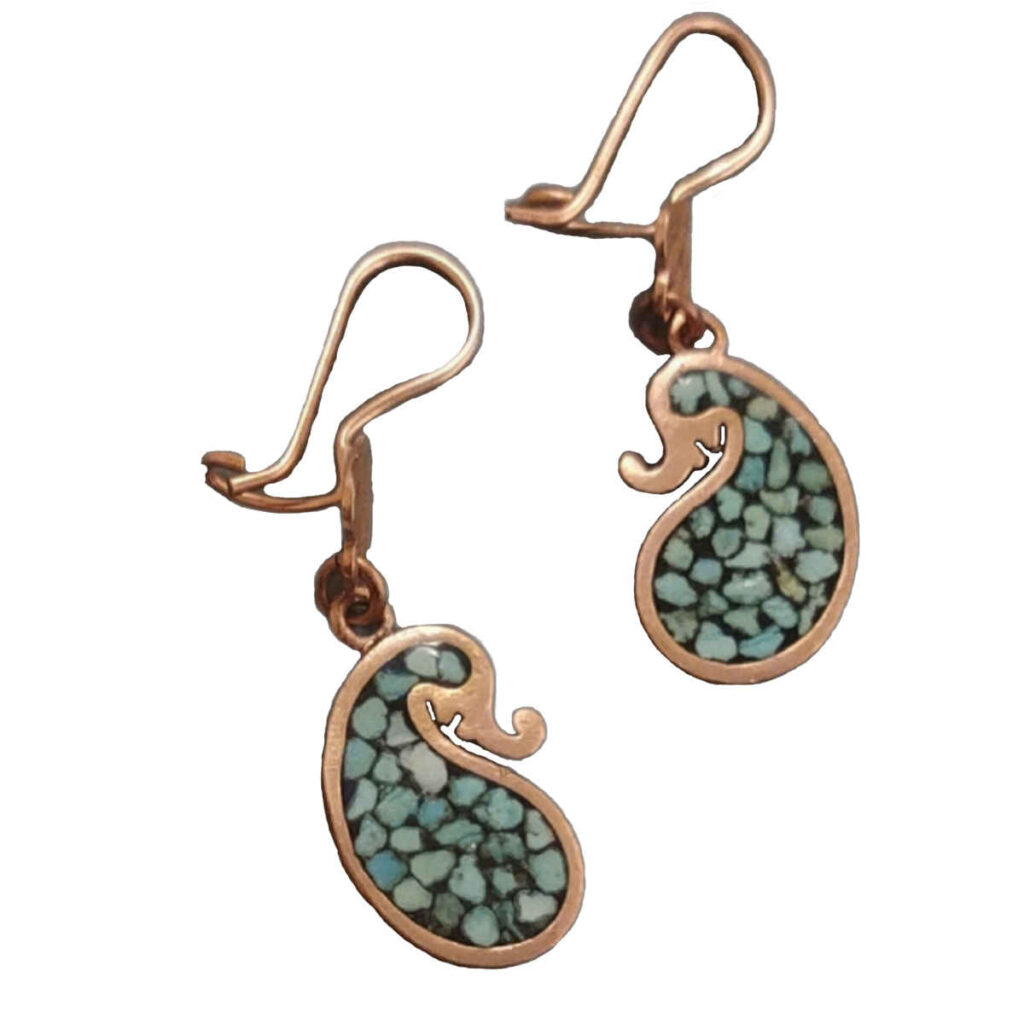 Boucles d'oreilles en cuivre faites à la main avec pierre précieuse turquoise Cachemire