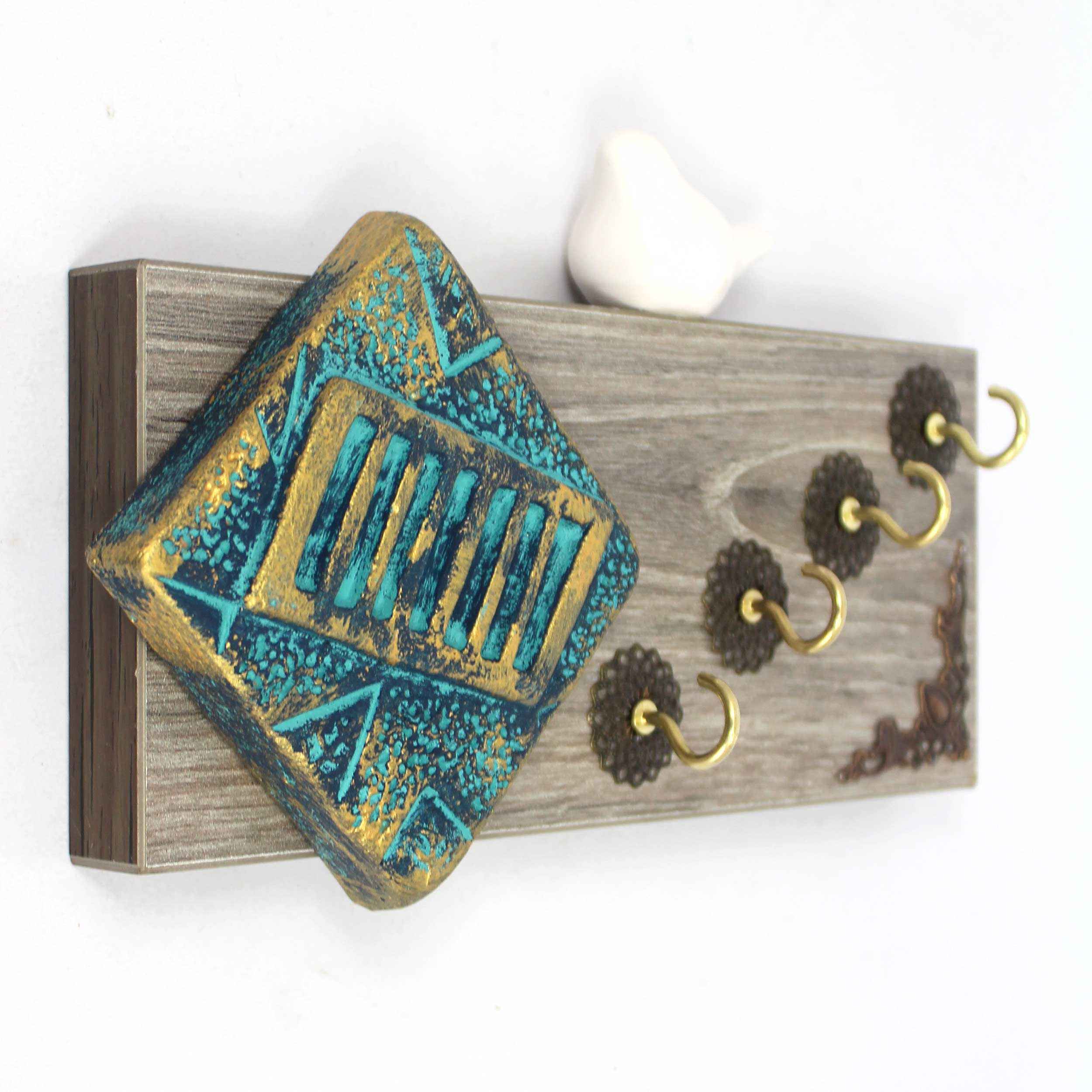 Porte-clés mural décoratif et fait main avec design de carreau traditionnel