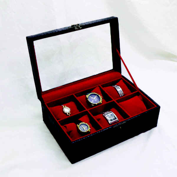 Boîte à montres en bois avec couverture en cuir – 6 emplacements