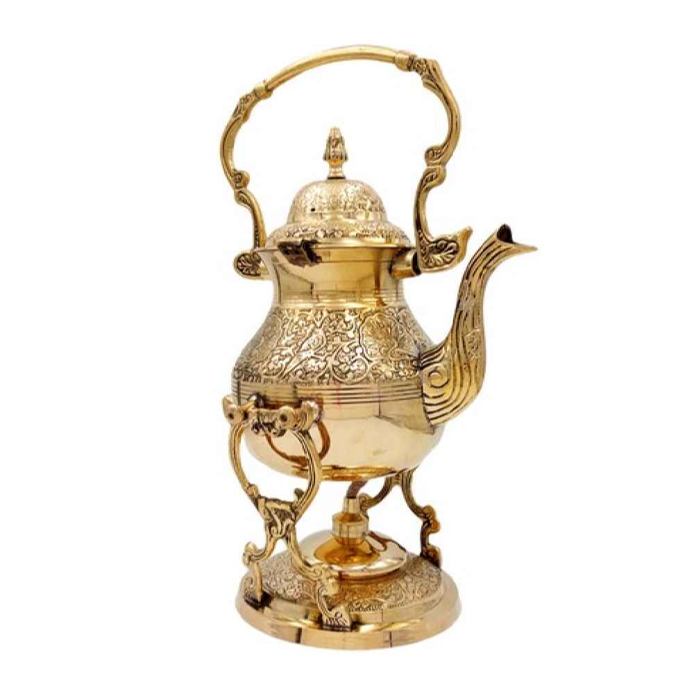 Théière en laiton et réchaud gravés à la main avec design gravé élégant