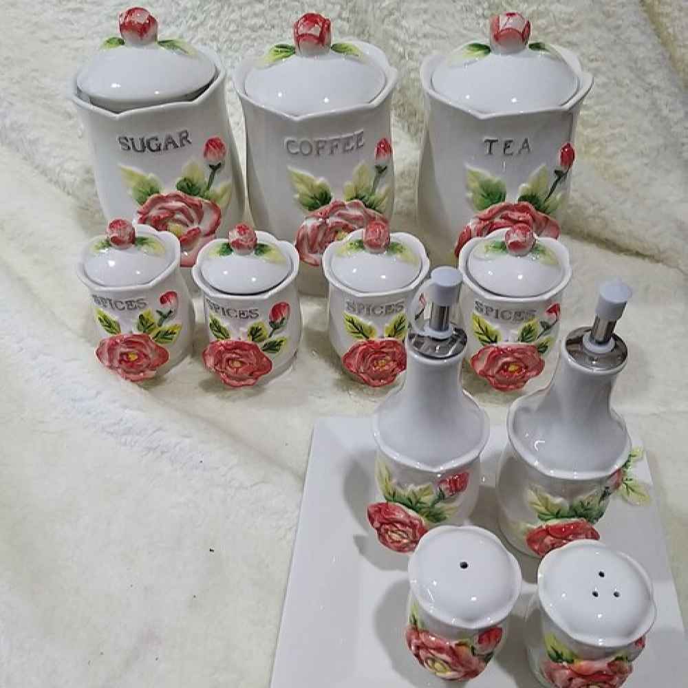 Pot de stockage en céramique - Rangement élégant pour café, thé, et plus, Embossé Gol Barjasteh