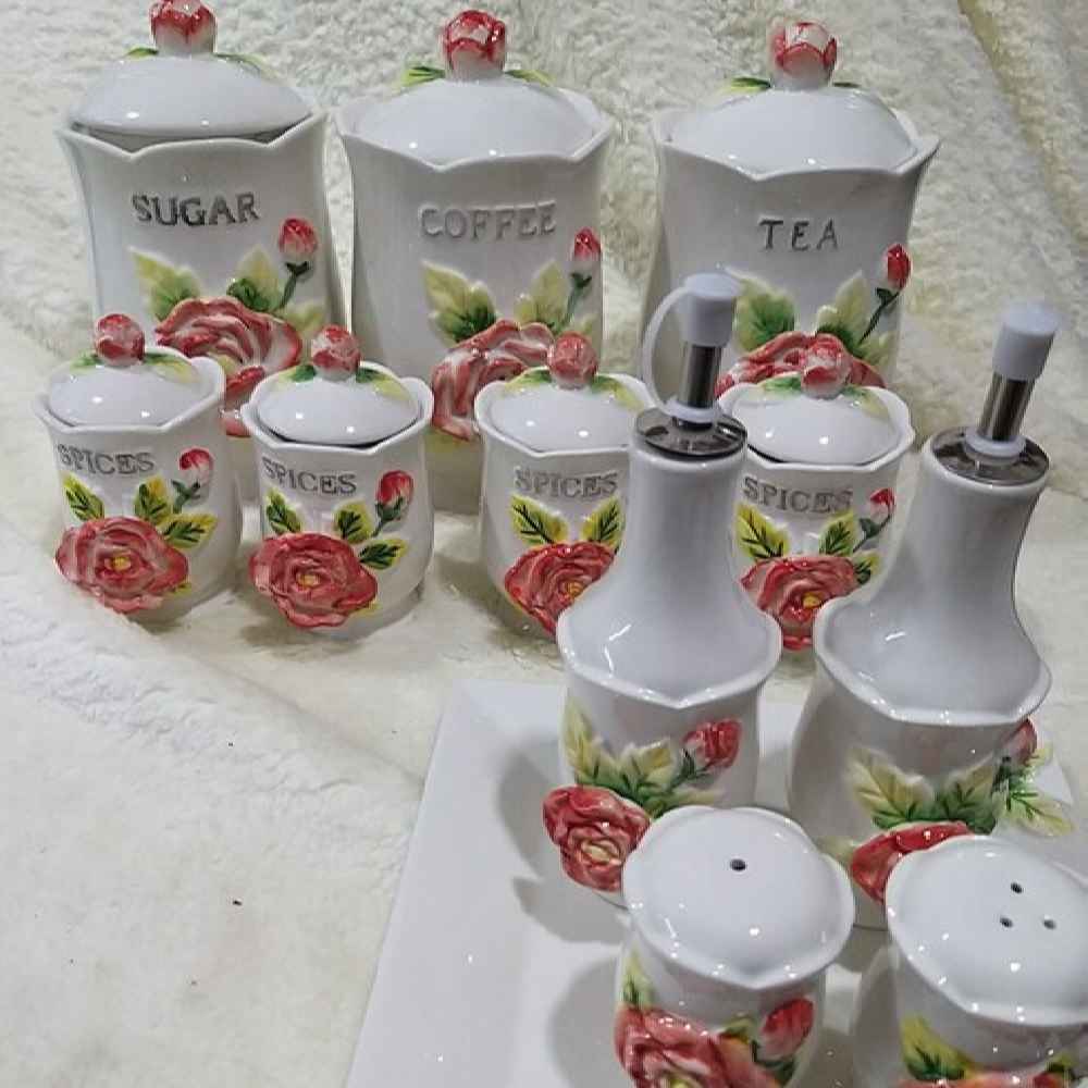 Pot de stockage en céramique – Rangement élégant pour café, thé, et plus, Embossé Gol Barjasteh