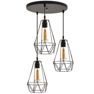 Suspension en grappe métallique avec abat-jour diamant – 3 lumières