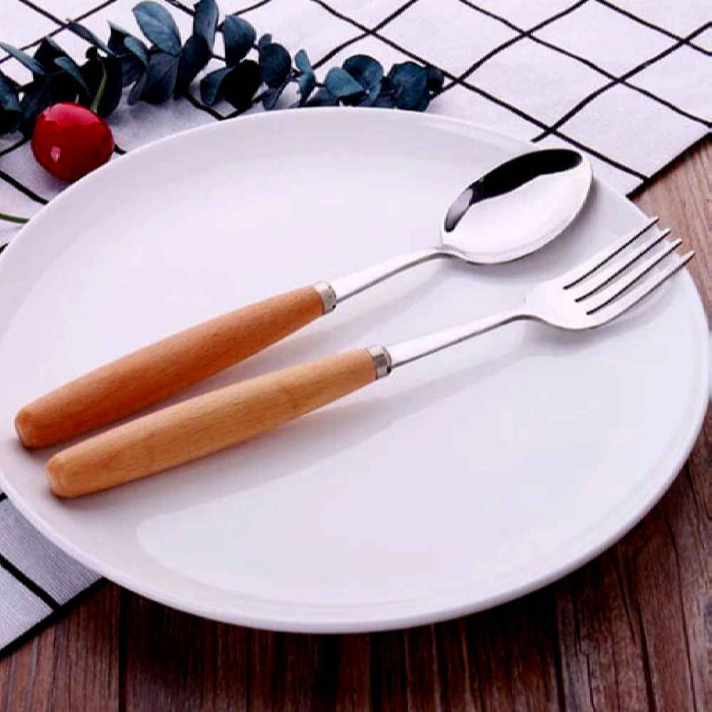 Ensemble de Couverts Cuillères et Fourchettes Lavables au Lave-Vaisselle avec Manche en Bois