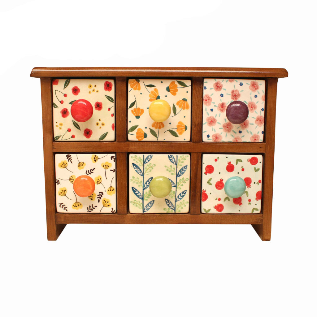 Commode en bois avec 6 tiroirs en céramique fabriquée à la main