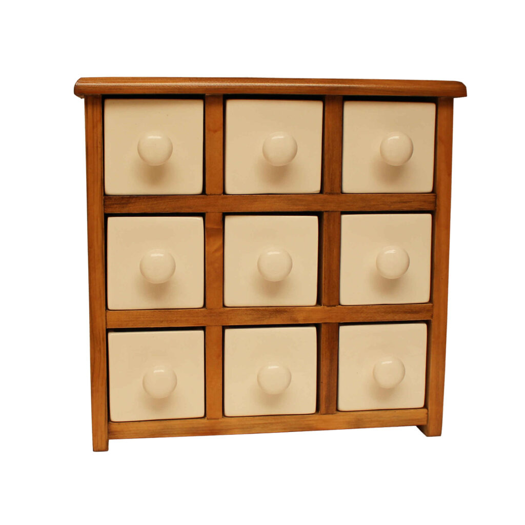 Commode en bois avec 9 tiroirs en céramique fabriquée à la main