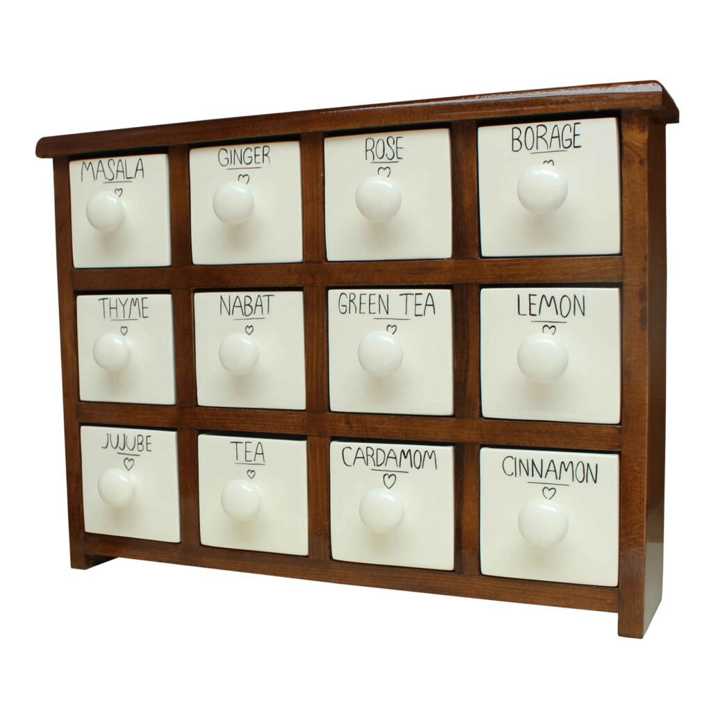 Commode en bois avec 12 tiroirs en céramique fabriquée à la main