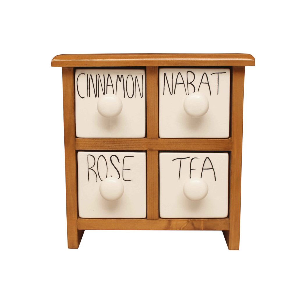 Commode en bois avec 4 tiroirs en céramique fabriquée à la main