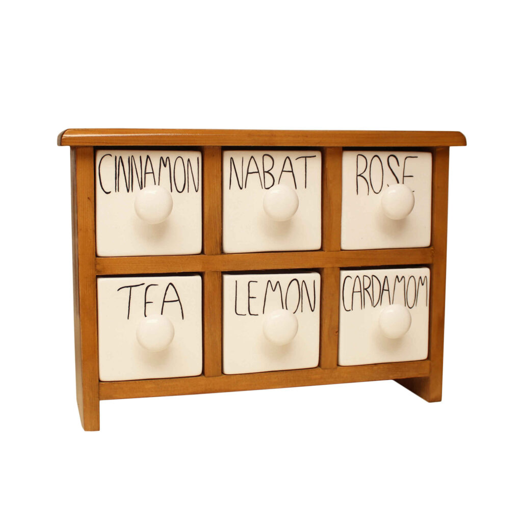 Commode en bois avec 6 tiroirs en céramique fabriquée à la main